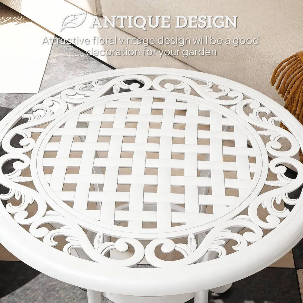 OUTSUNNY 60cm Round Garden Table with Cast Aluminium Frame, White 4