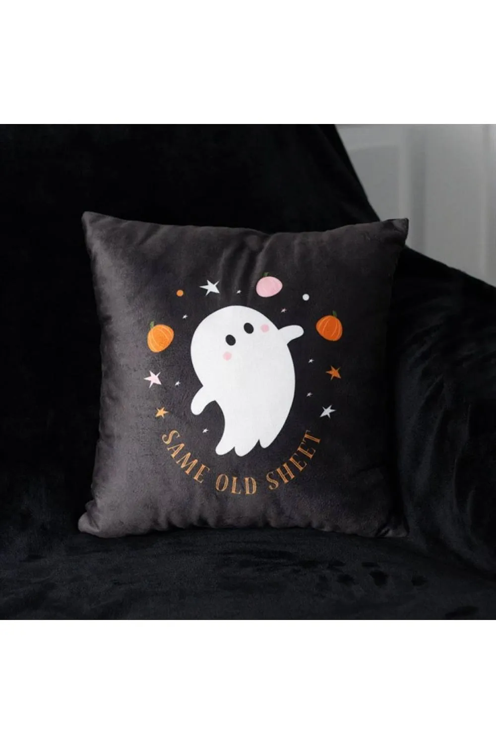 KDMD Spooky Ghost Cushion - "Same Old Sheet" Square Halloween Decor & Gift in Black