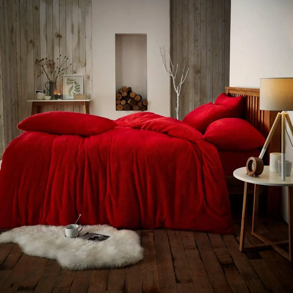 Smart Living Luxury Teddy Plain Duvet Cover & Pillowcase Set in Red 1