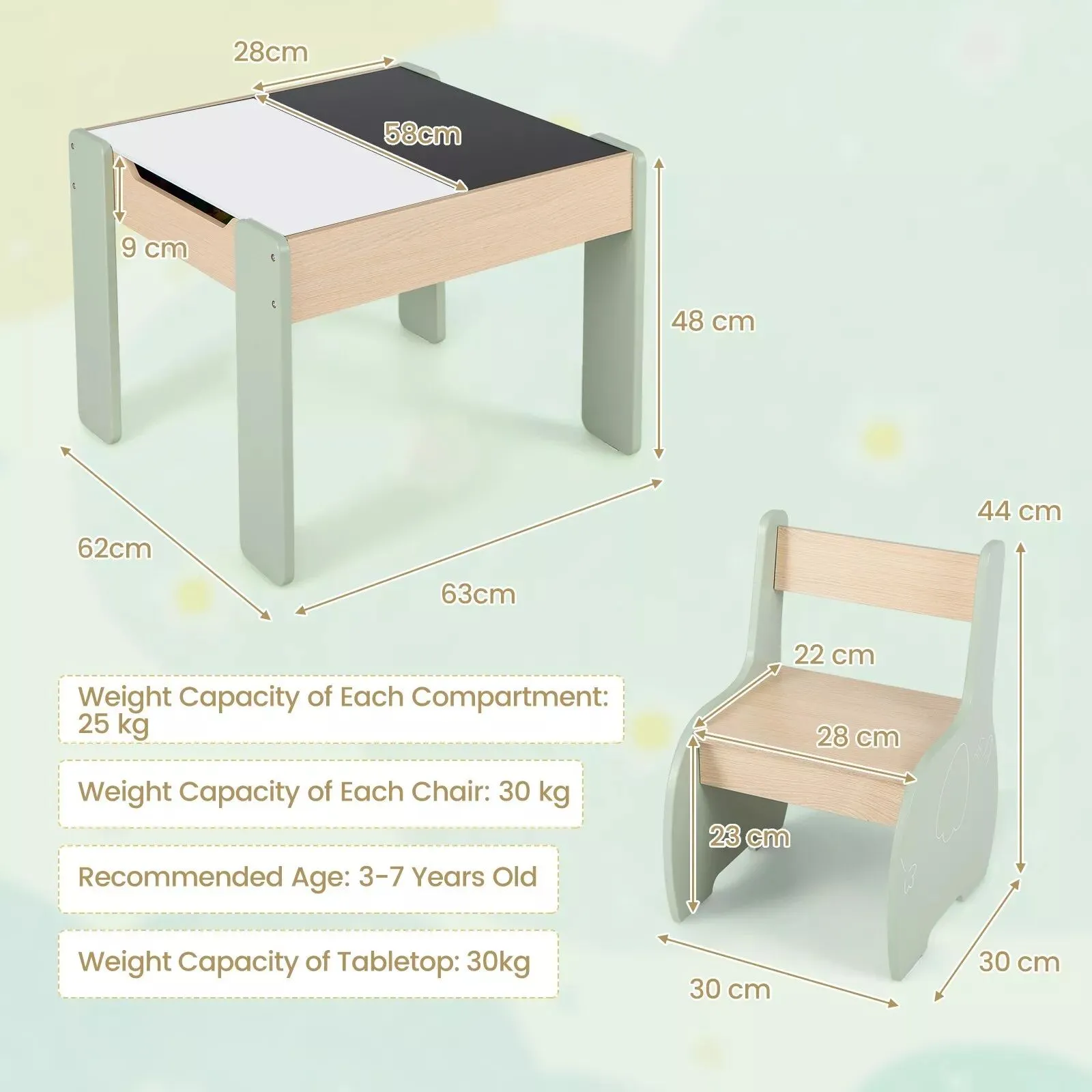Costway Wooden Table & Chair Set Activity Desk 2 Chairs with Reversible Blackborad in Green 2