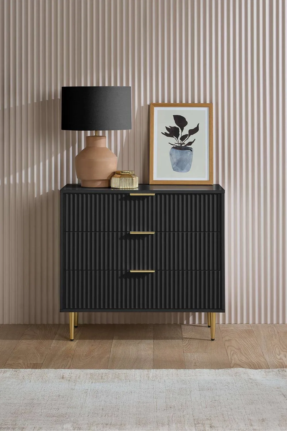 Birlea Zaza Black 3 Drawer Chest Fluted Bedroom Storage