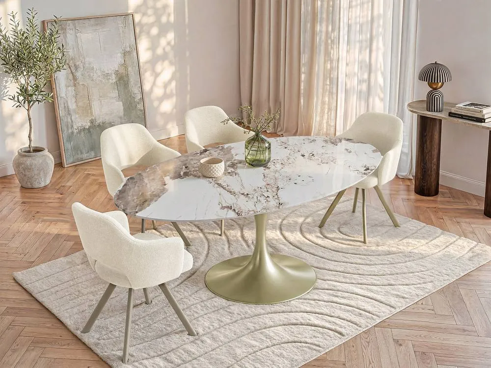 Vente-unique 8 - Seater Dining Table In Ceramic & Golden Metal - White & Grey in Metallic Gold 3