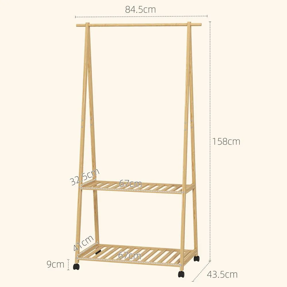 HOMCOM Bamboo Clothes Rail Rack with 2 Storage Shelves, Natural Wood Effect 3