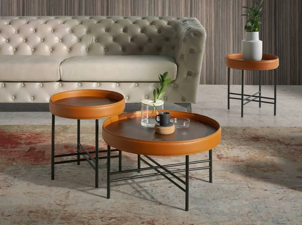 Angel Cerda Round Coffee Table, Walnut Top, Orange Band, Black Steel Legs 3