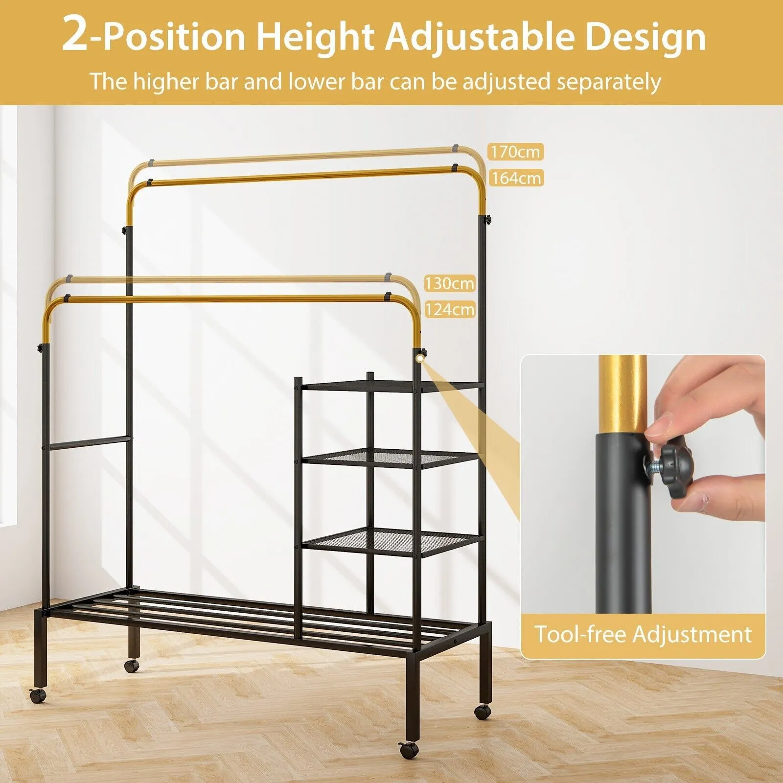 Costway Rolling Clothes Drying Rack Adjustable Double Rods Garment Rack Clothes Hanger in Black 4