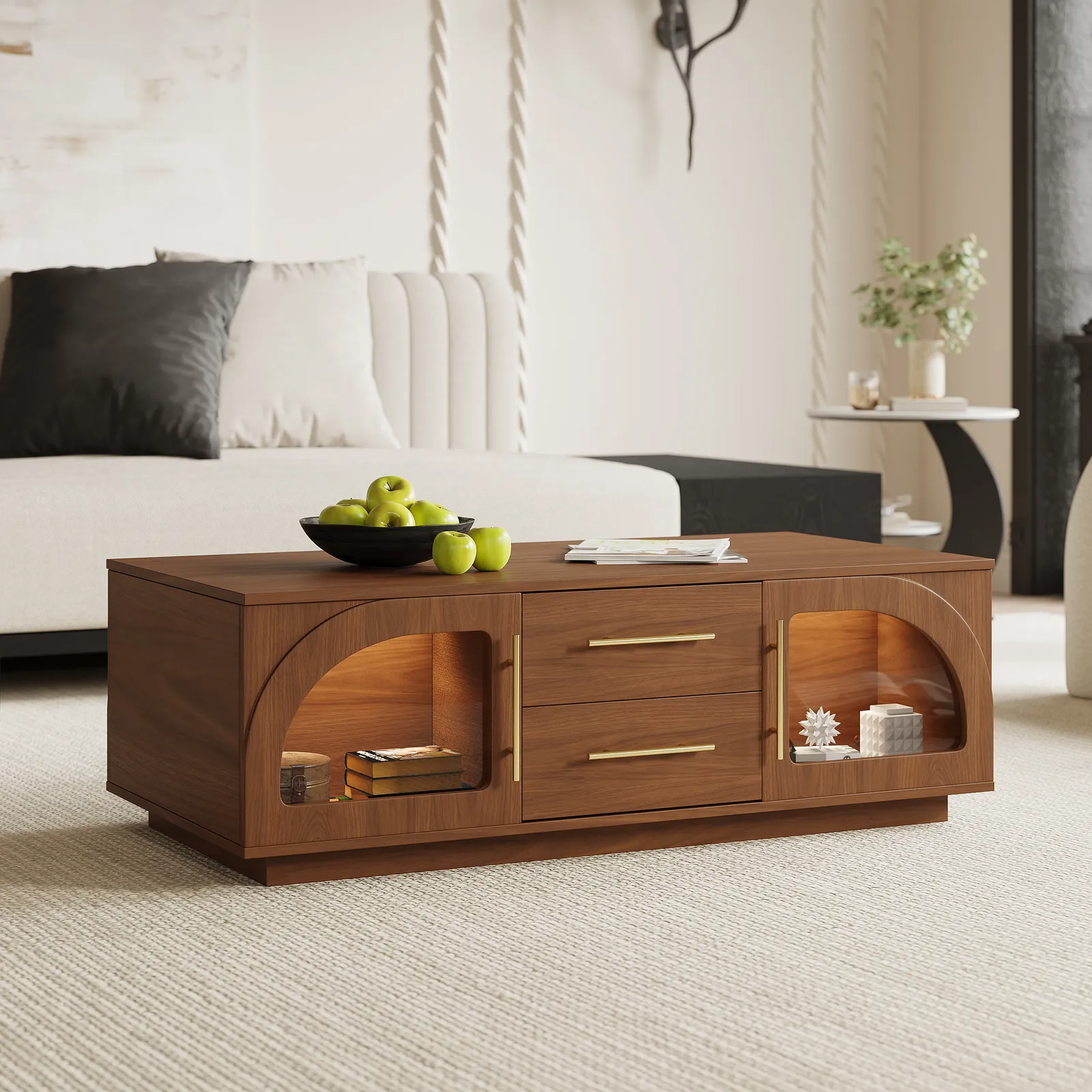 Arune Arched Glass Coffee Table Modern Walnut Living Room Furniture with Storage and LED Light