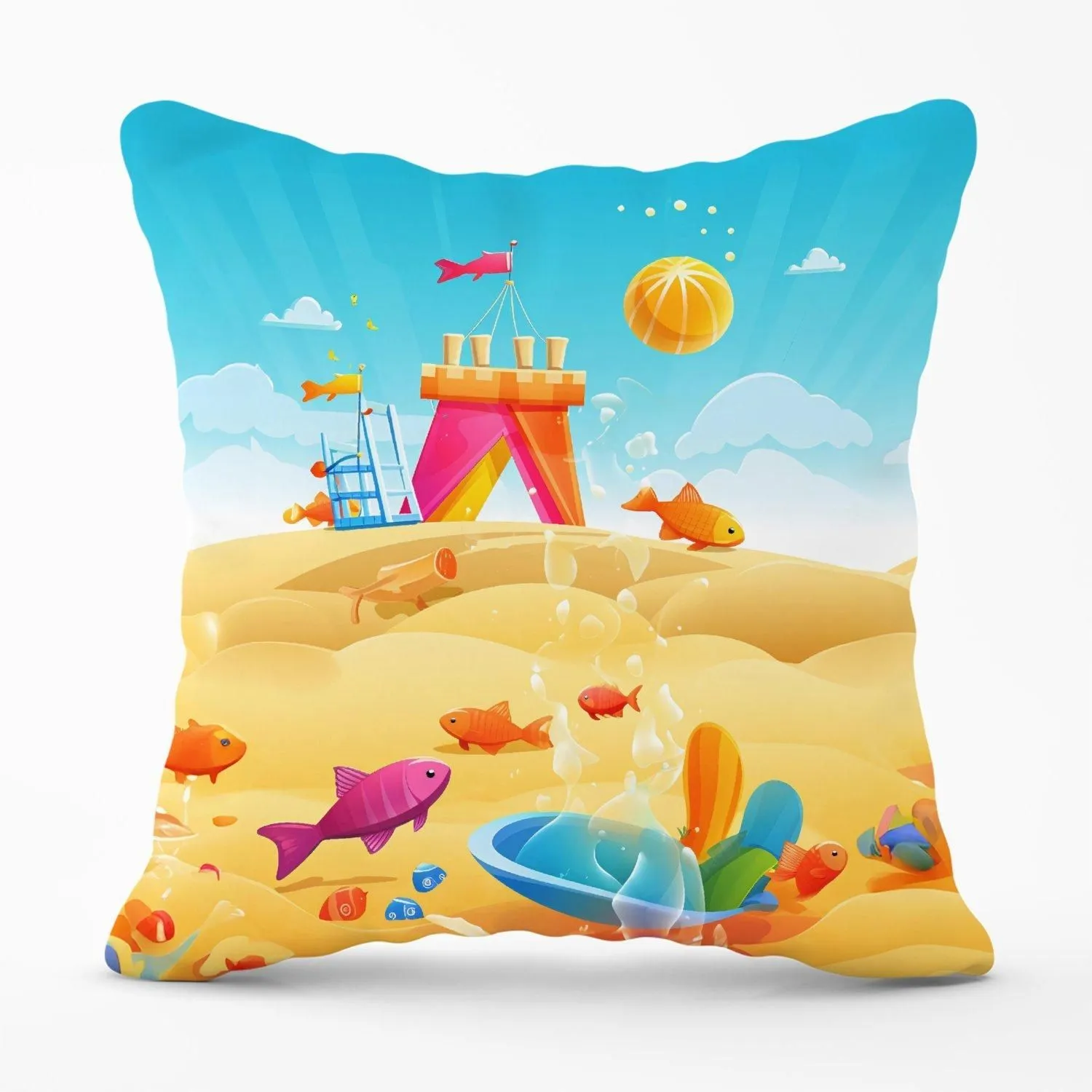 Warren Reed - Designer Fishes On A Beach Holiday Outdoor Cushion in Yellow
