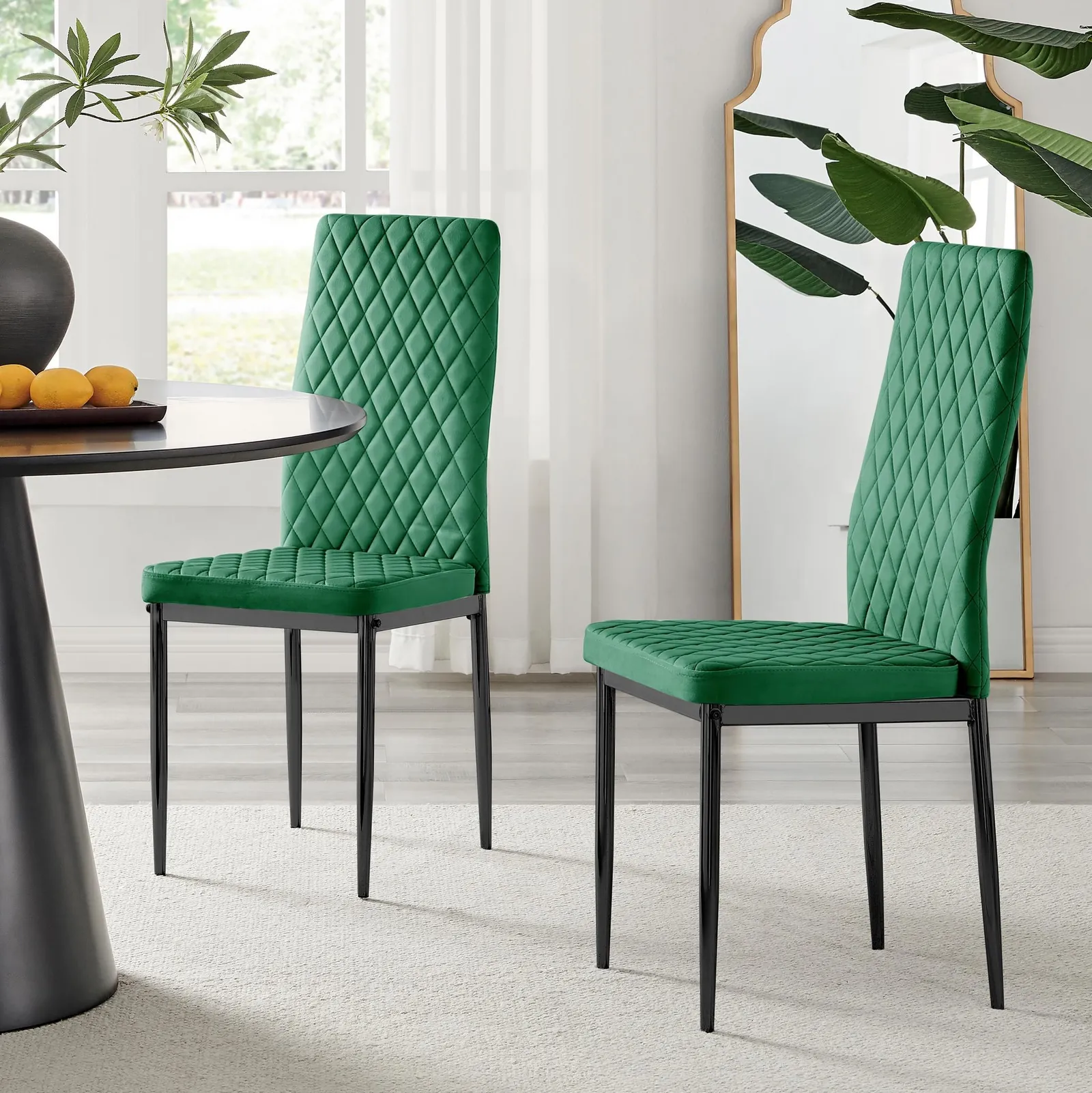 FurnitureboxUK Set of 4 Milan High Back Soft Touch Diamond Pattern Velvet Dining Chairs With Black Powder Coated Metal Legs in Green