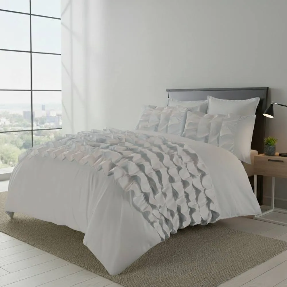 Snug City Ruffle Border Duvet Cover Soft Elegant Bedding Set with Pillowcases in Silver