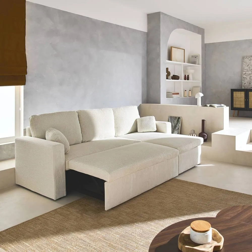 sweeek 3-seater large corduroy corner sofa bed in White 4