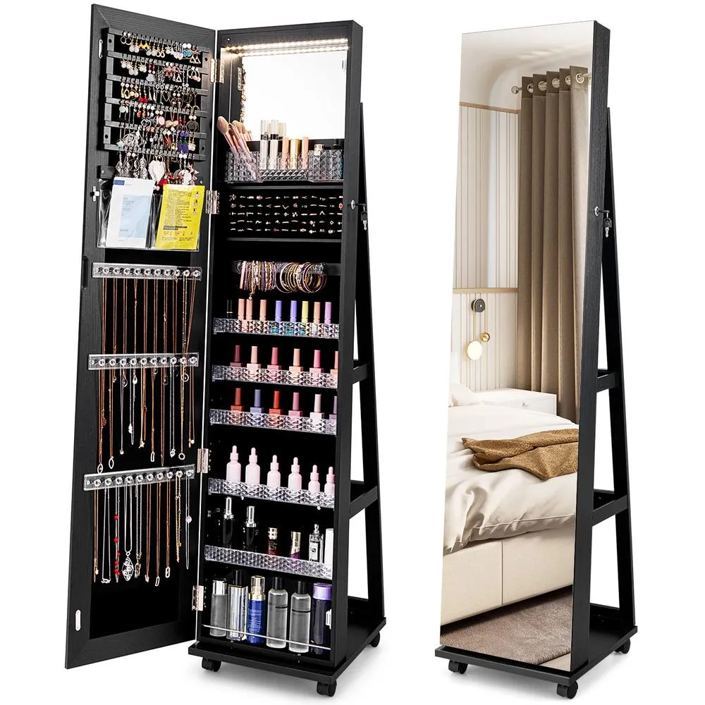 Costway 3-in-1 Jewelry Cabinet 360° Swivel Mirror Jewelry Armoire in Black 3