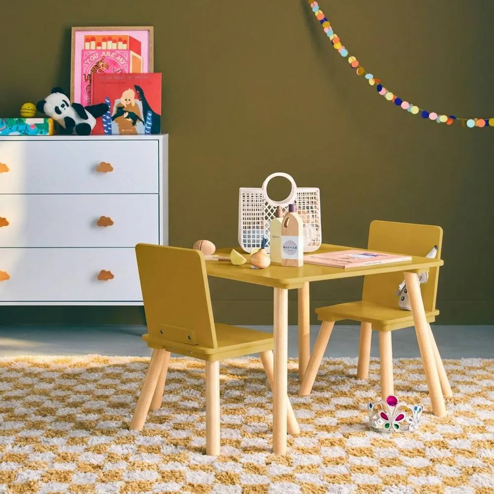 sweeek Children's square table with 2 chairs pine legs in Yellow 1