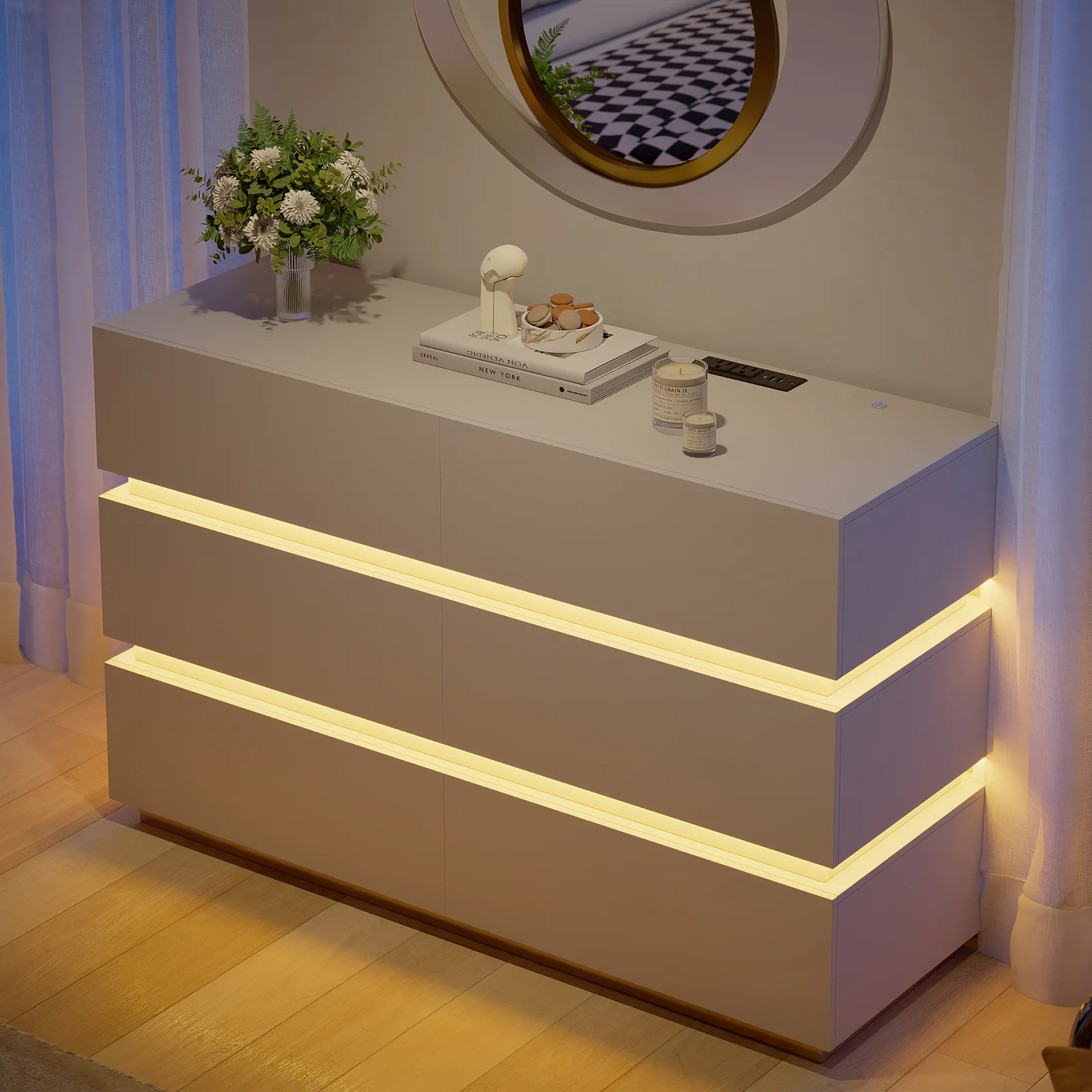 120 cm Modern White 6 Drawer LED Chest of Drawers Bedroom Storage Cabinet