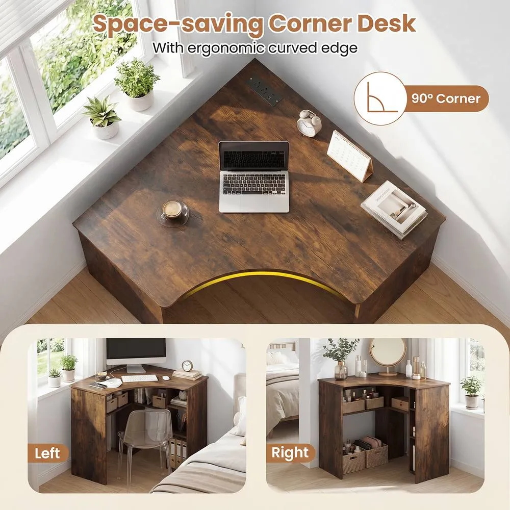 Costway Triangle Corner Computer Desk with Charging Station & Open Shelves in Brown 6