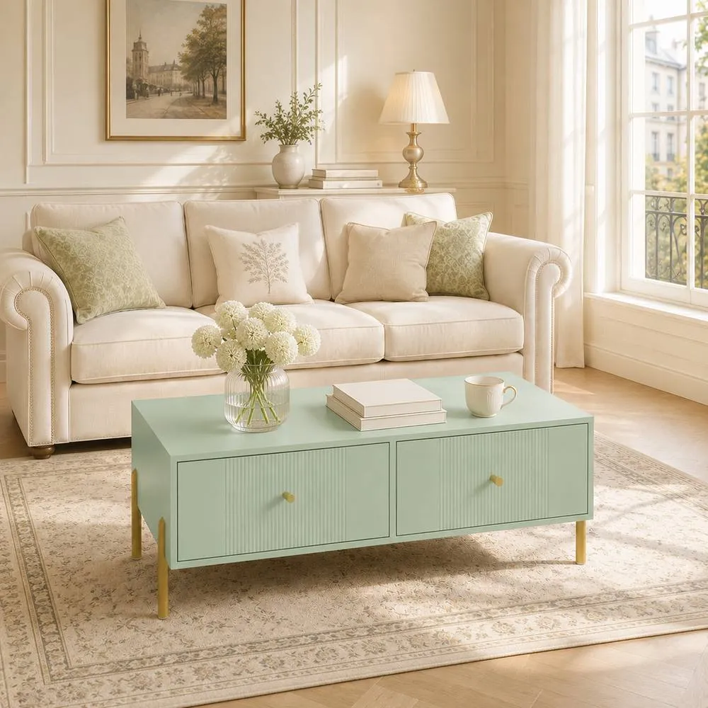 HOMCOM Coffee Table with 2 Drawers & legs for Living Room, Light Green 2