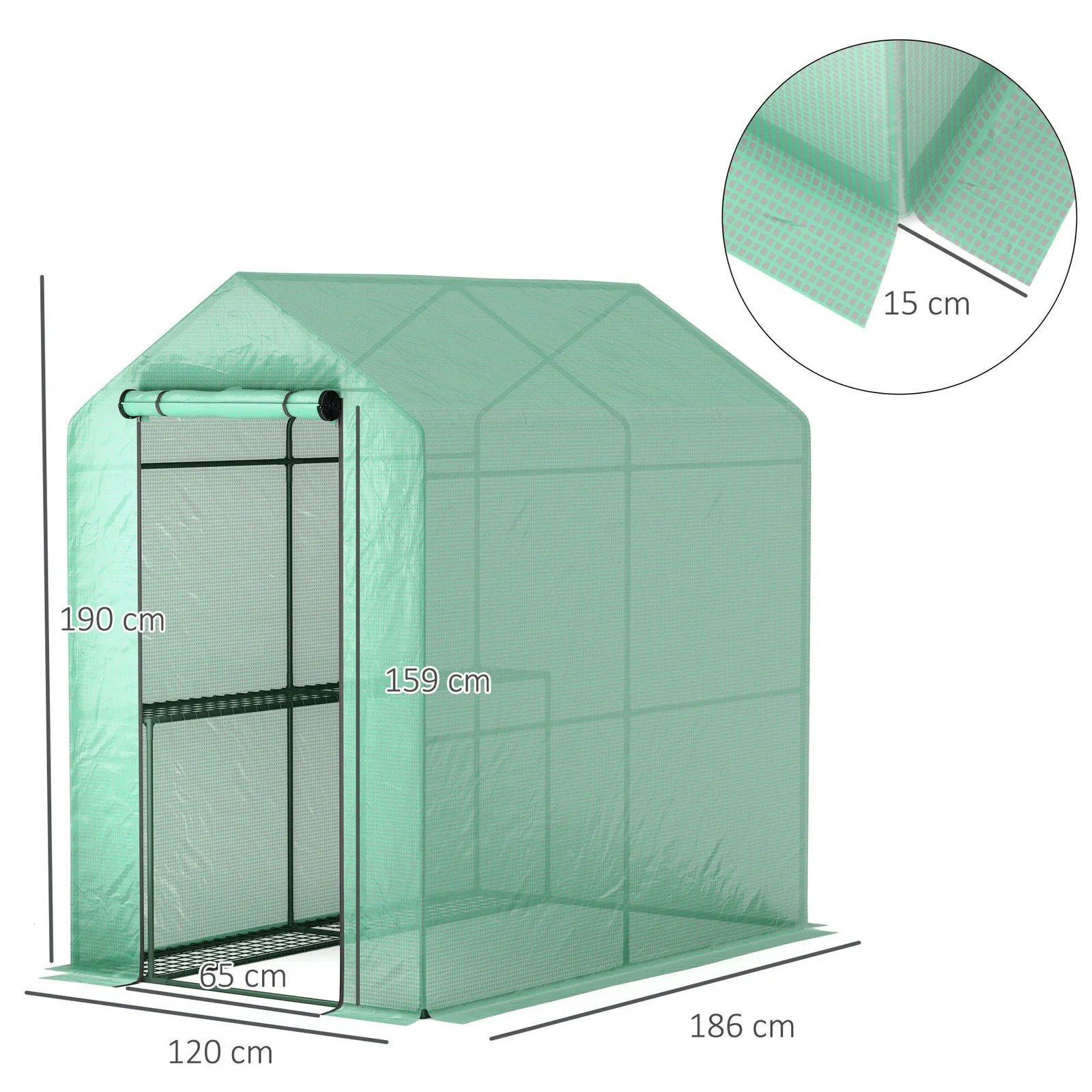 OUTSUNNY Walk in Greenhouse w/Shelves Steeple Grow House 120 x 186 x 190 cm in Green 3