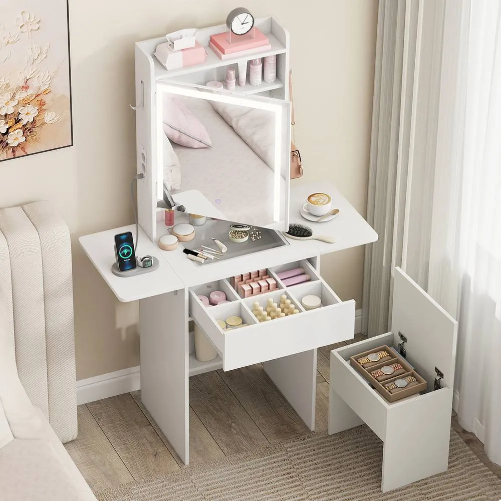 Costway Compact Vanity Desk Makeup Dressing Tablew/ Power Outlets & Mirror in White 6