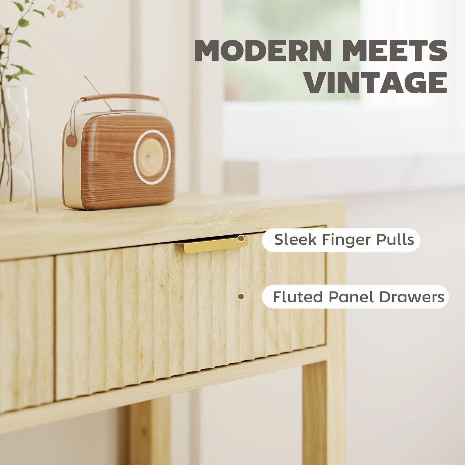 HOMCOM Modern Console Table with Fluted Panel Drawers, Narrow Hallway Table in Natural 6