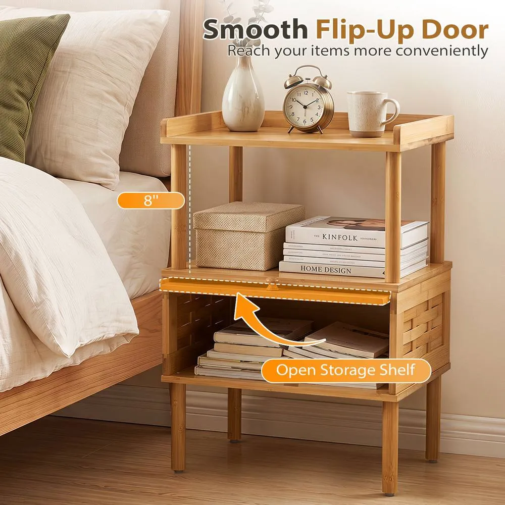 Costway Bamboo Rattan Bedside Table with Flip Up Door & Open Shelf Natural 5