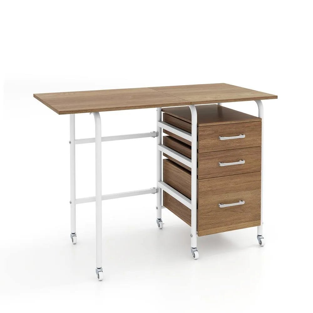 Costway Folding Desk with 3 Drawers Convertible Computer Desk in Natural 5