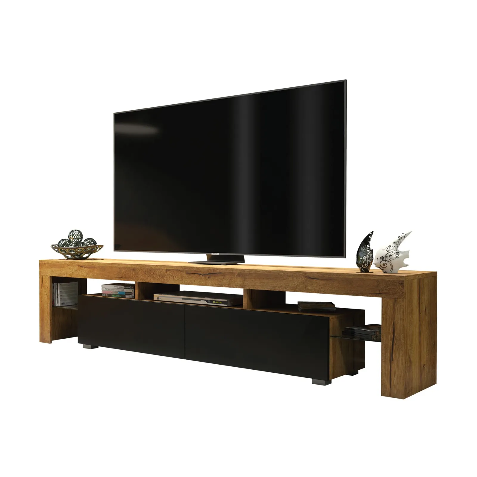 Creative Furniture TV Unit 200cm Modern - Oak with Matt Black Doors in Brown 3