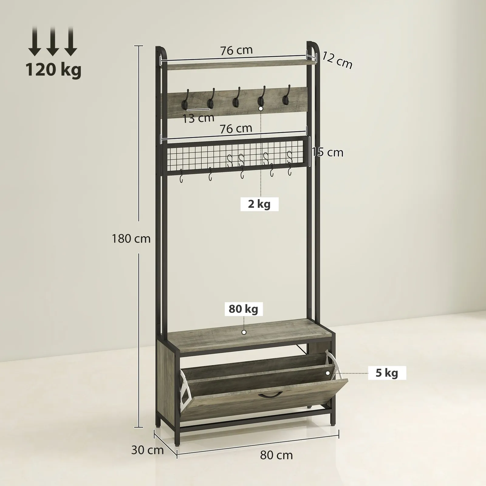 HOMCOM Industrial Hall Tree Coat Rack Stand with Shoe Cabinet in Grey 3
