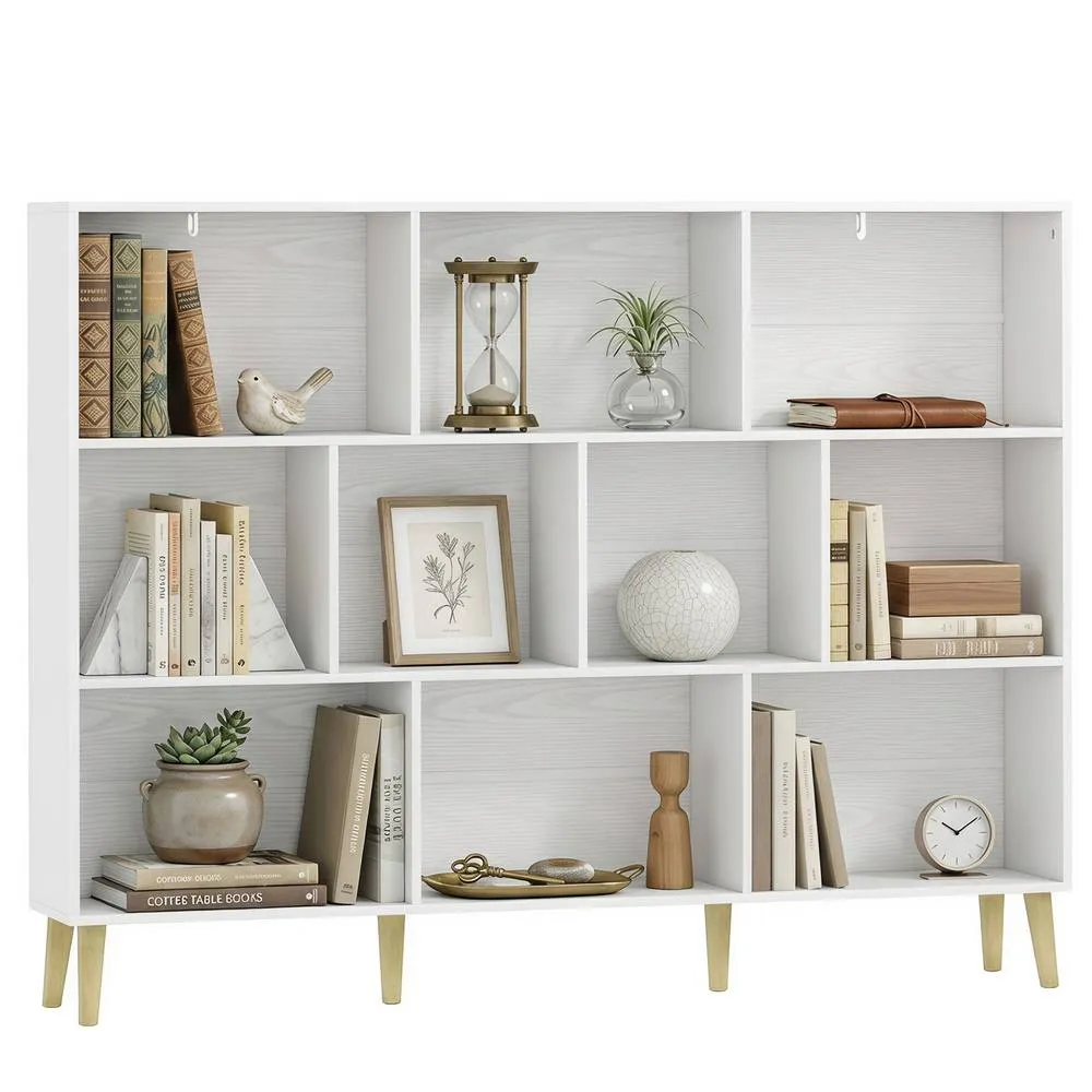 HOMCOM Bookshelf with 10 Cubbies, 3-Tier Book Shelf with Wood Legs, White