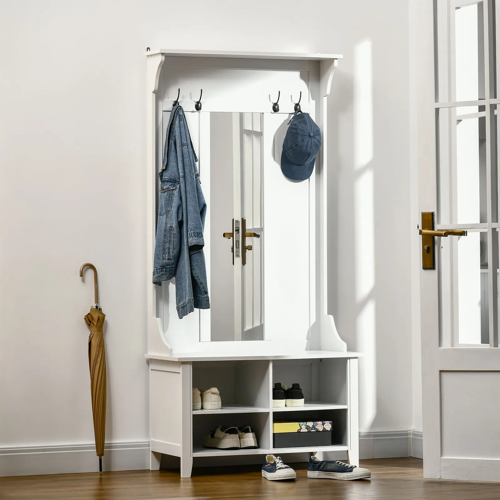HOMCOM Hallway Furniture Set Shoe Bench Storage Mirror Cabinet Coat Rack in White