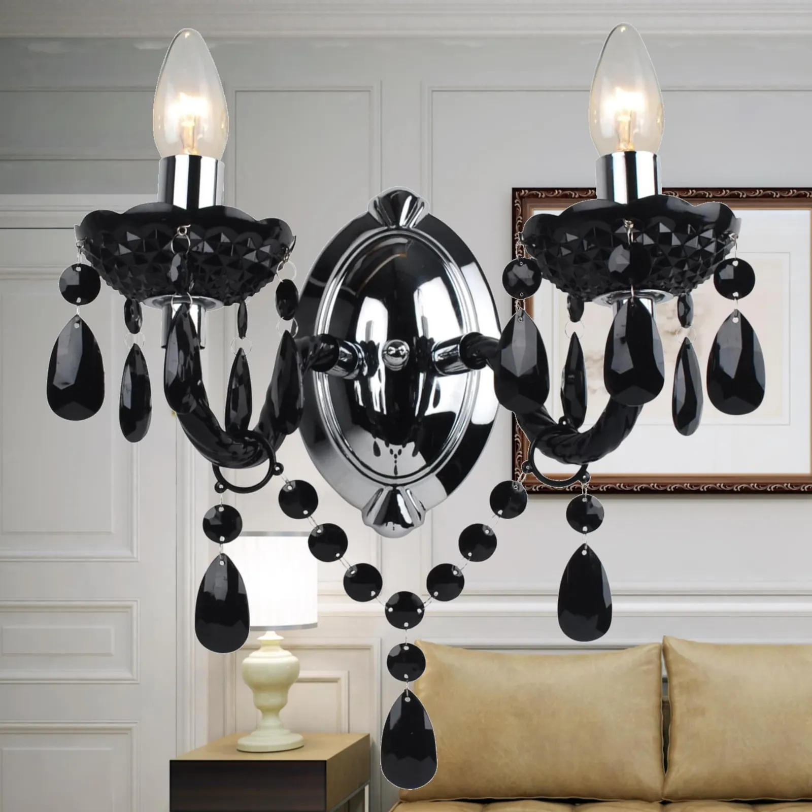 First Choice Lighting Set of 2 Black & Chrome Marie Therese Style 2 x 40W Wall Light 6