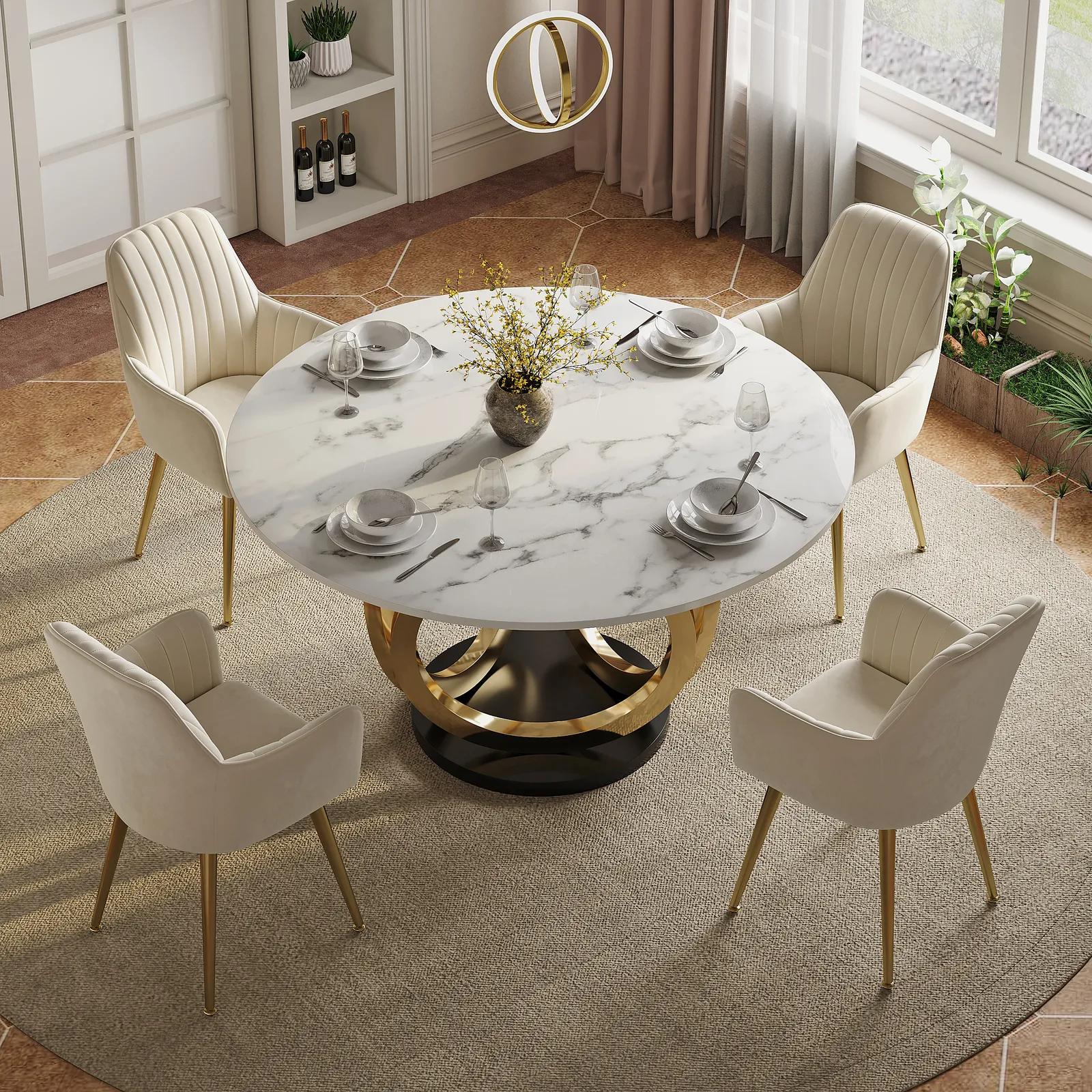 Dining Set 1350mm Modern Style Round Sintered Stone Dining Table with 4 Chairs