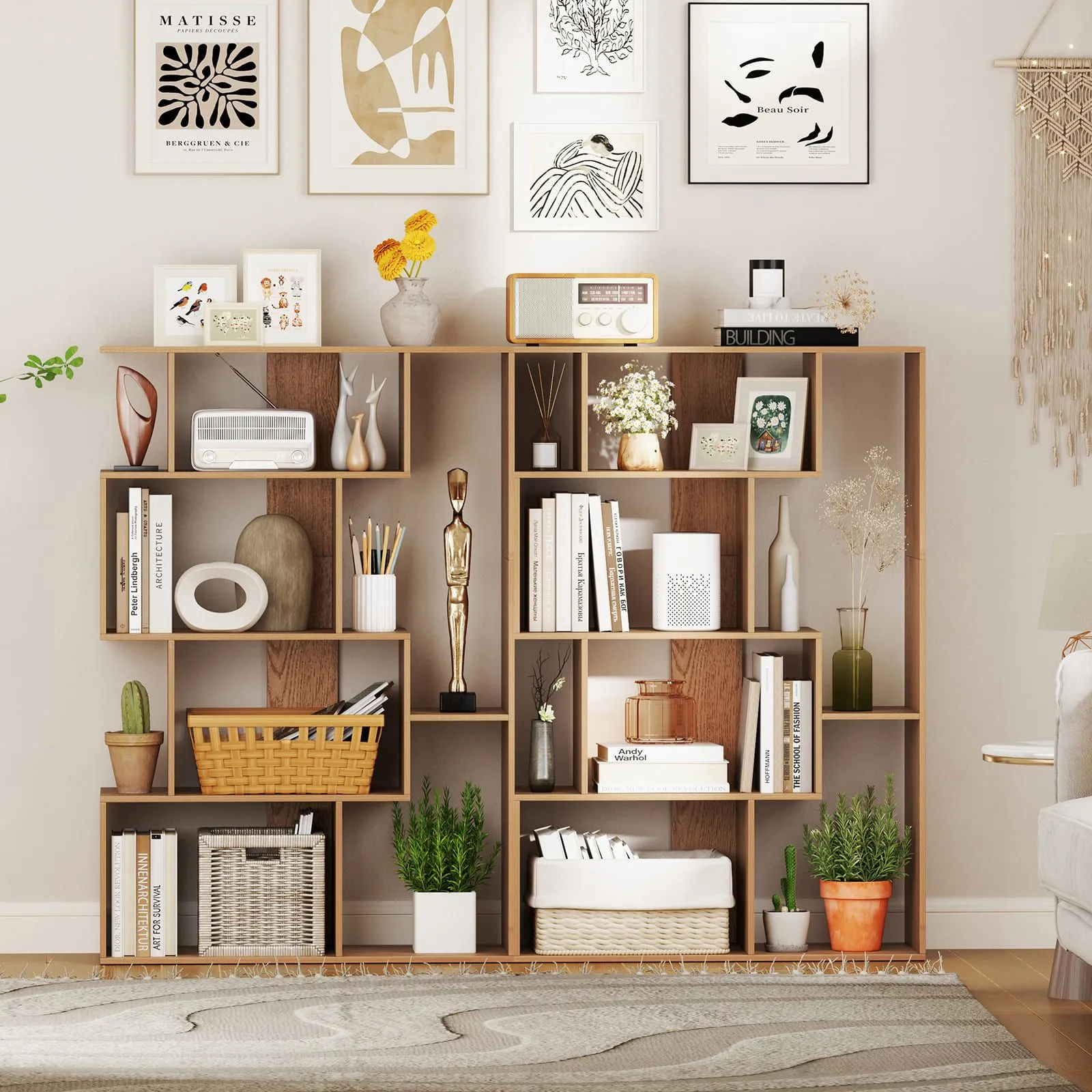Costway Open-back Geometric Bookshelf Home 6-Cube Large Bookcase in Natural 4