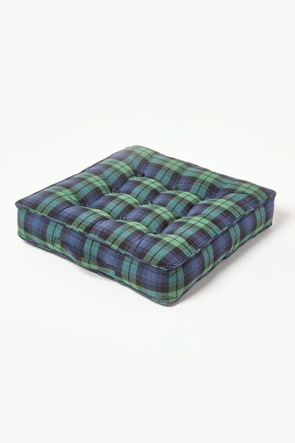 Homescapes Black Watch Tartan Cotton Armchair Booster Cushion in Green 2