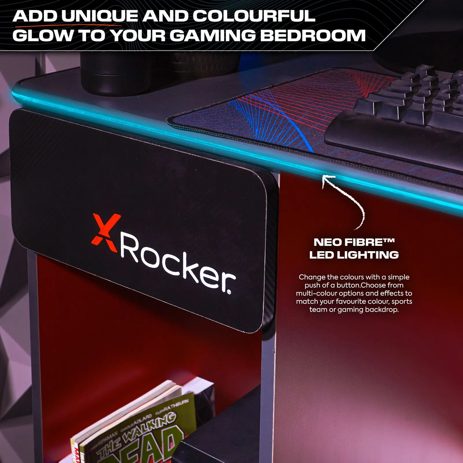 X Rocker Carbon-Tek 120cm LED Gaming Desk with Drawer & Charging in Red 3