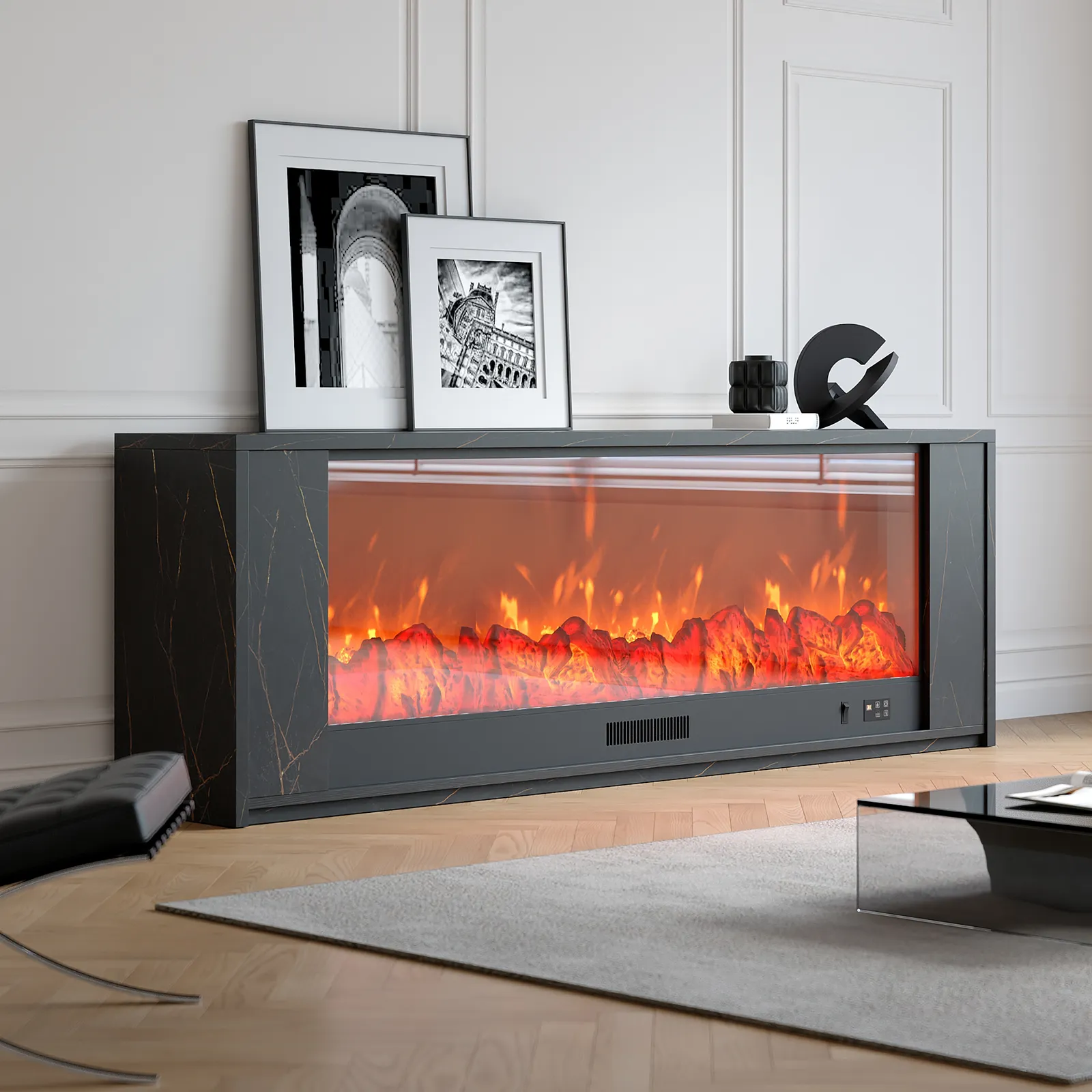 1800mm Modern Black Glass Electric Fireplace TV Stand with Remote Control Temperature Adjustable