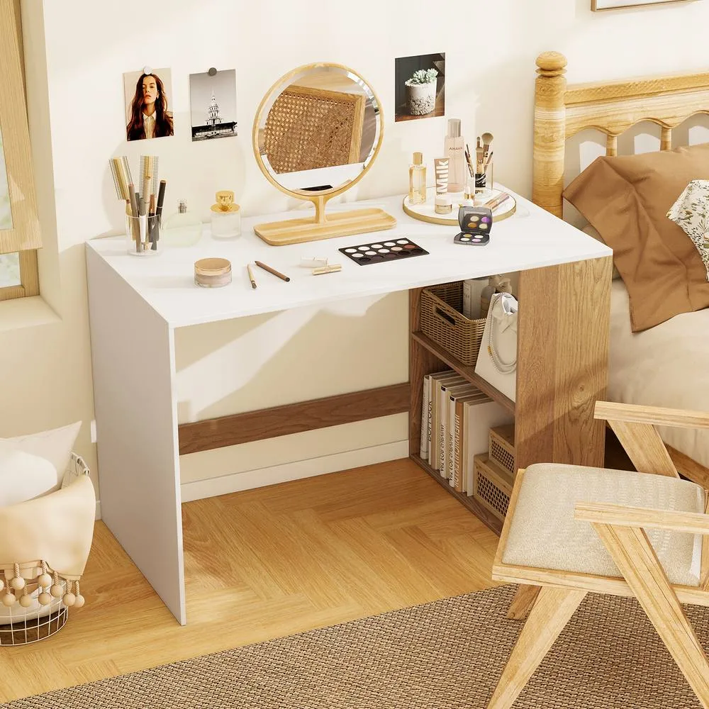 Costway Modern Wooden Office Desk with 2 Open Shelves in White 6