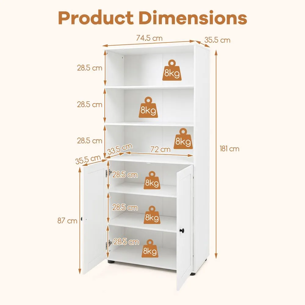 Costway 181 CM Tall Bookcase W 3 Open Shelves & Door Cabinet Floor Cabinet in White 2