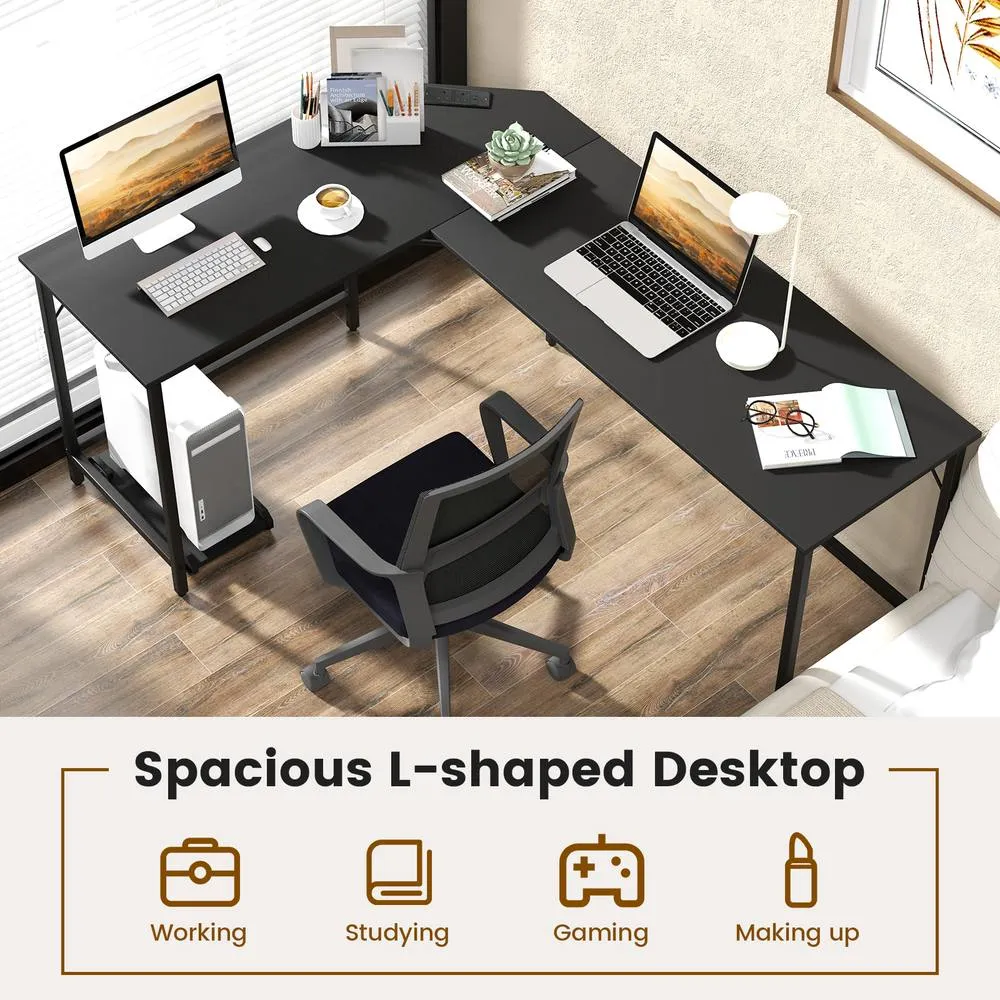 Costway L Shaped Home Office Desk Computer Corner Desk Gaming Table with CPU Stand in Black 6