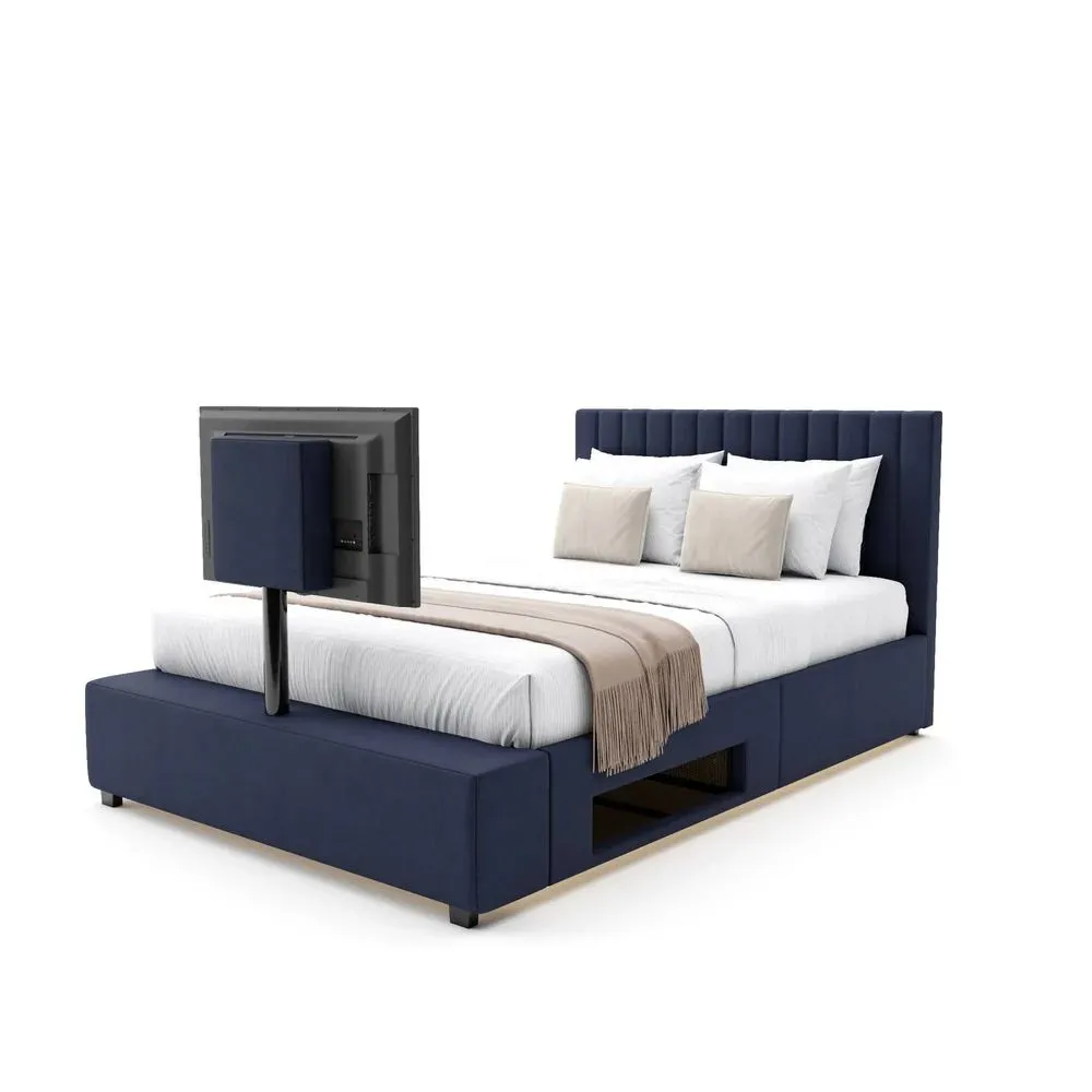 X Rocker Maisie Velvet Upholstered TV Bed with Media Storage & LED Lights in Navy 5