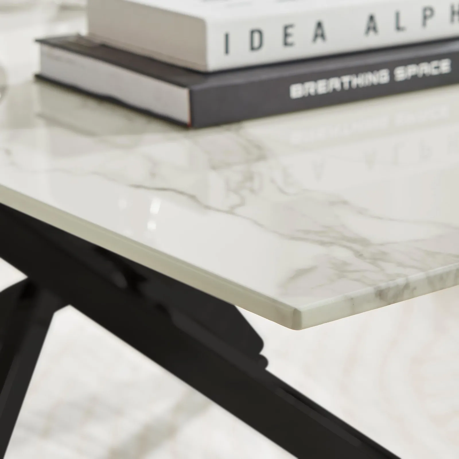 FurnitureboxUK Leonardo Rectangular Marble Effect Glass Top Coffee Table With Black Metal Starburst Legs in White 4
