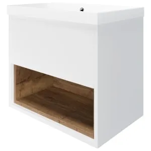 Wickes Nexus Matt White & Natural Halifax Oak Wall Hung Vanity Unit & Basin - 546 x 600mm