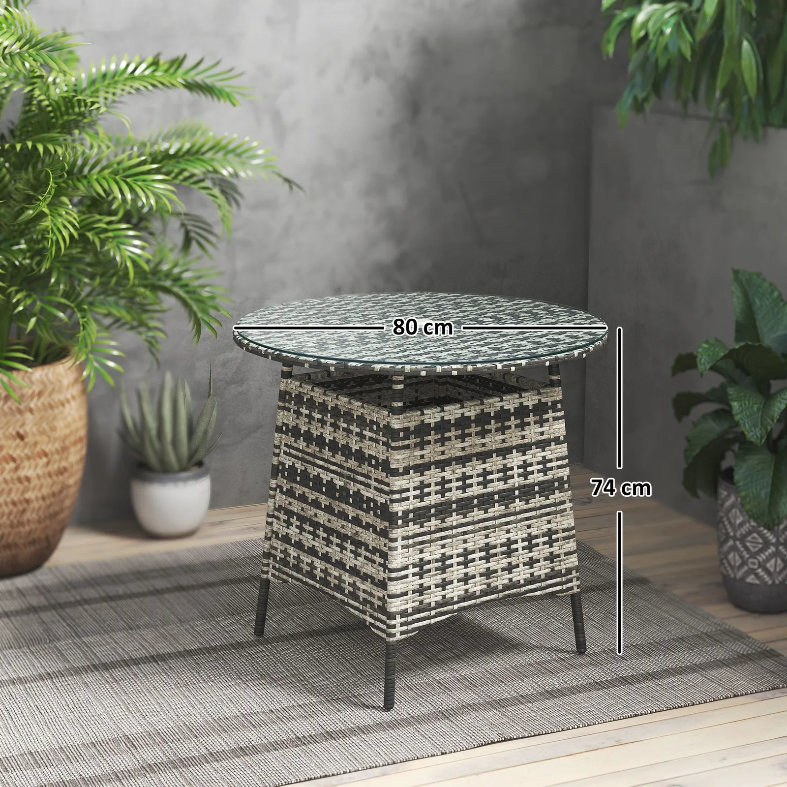 OUTSUNNY Wicker Garden Rattan Table with Umbrella Hole & Tempered Glass Top in Grey 3