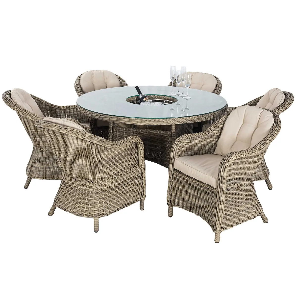 Taransay 6 Seat Round Garden Dining Set with Ice Bucket and Lazy Susan in Natural Weave and Beige Fabric