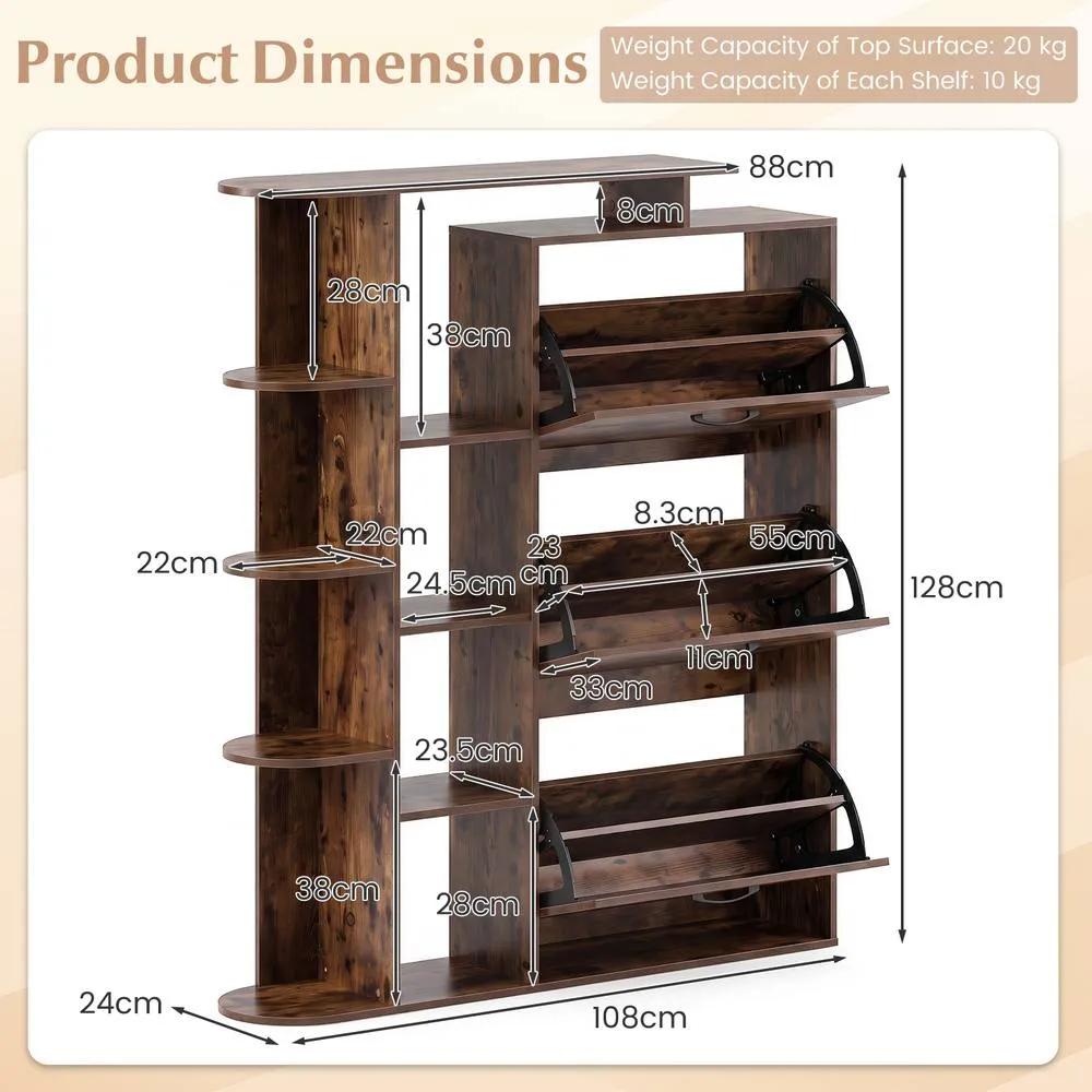 Costway Shoe Storage Cabinet Freestanding Shoe Organizer with 3 Flip Drawers in Brown 2
