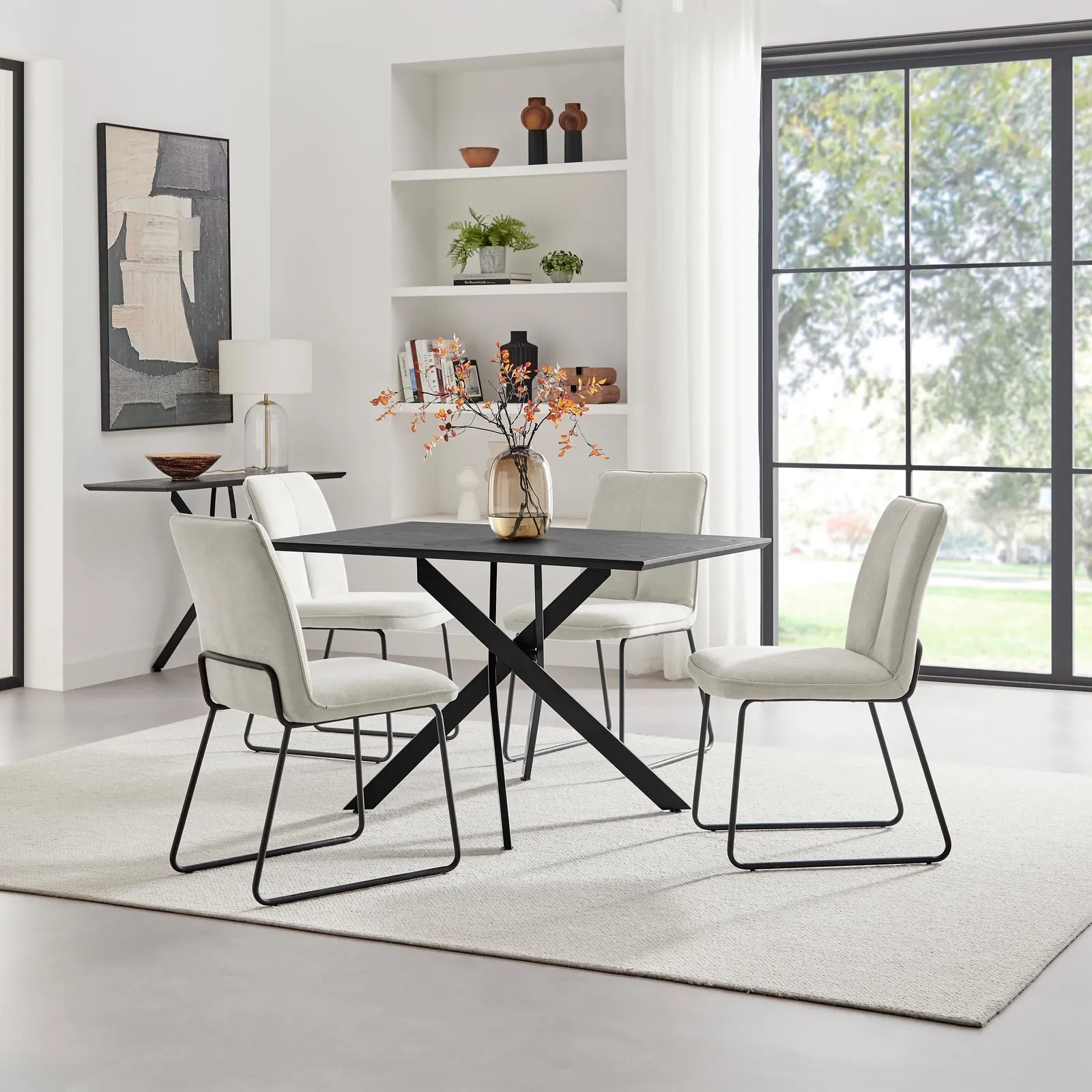 FurnitureboxUK Leonardo Black Top Dining Table & 4 Halley Dark Grey Fabric Chairs in Cream 1
