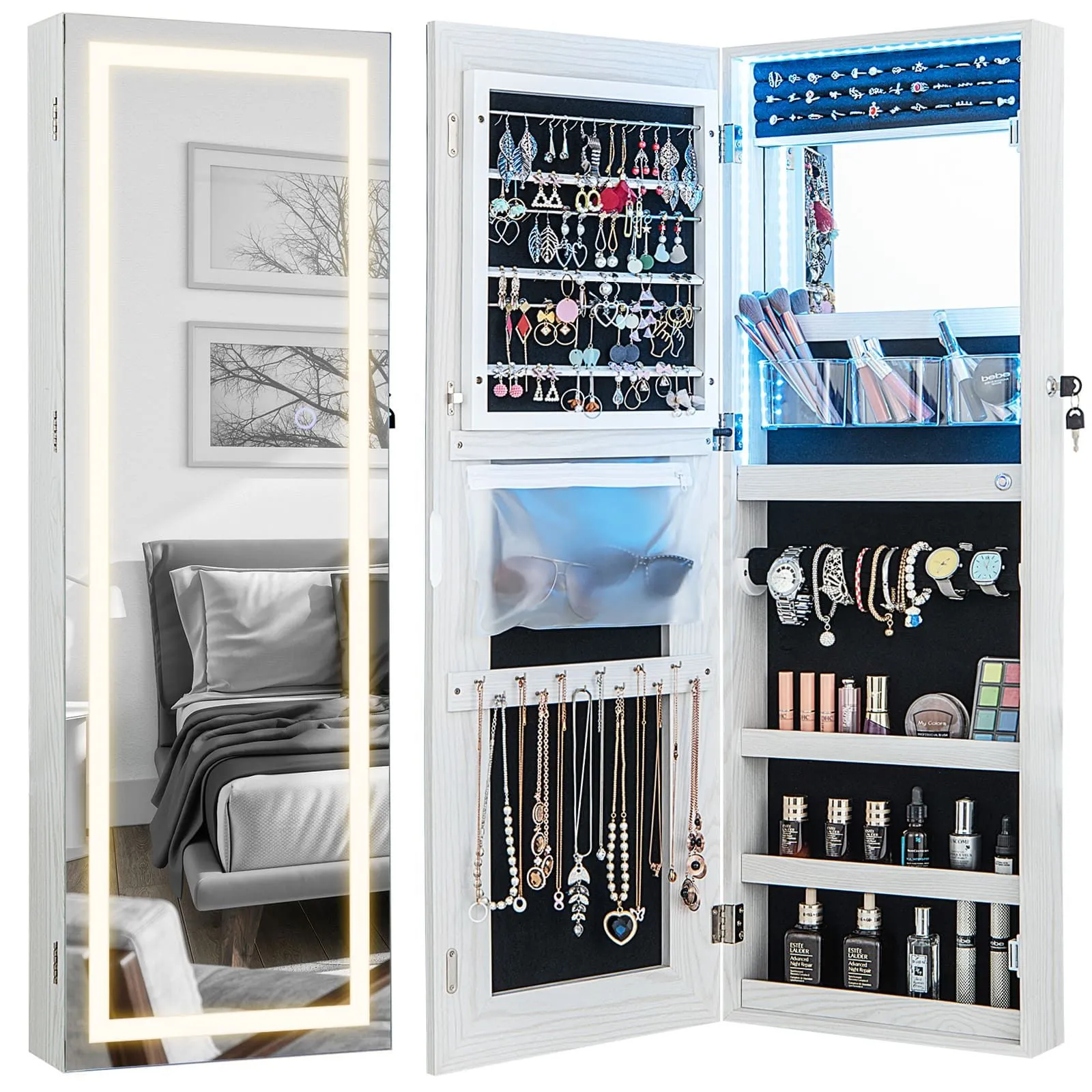 Costway 108cm Jewelry Mirror Cabinet Lockable Jewelry 3-Color LED Lights-White in White