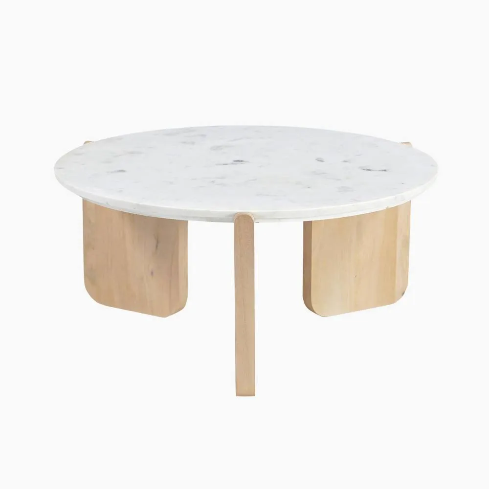 FurnitureboxUK Solia Round White Oak Wood & Marble Coffee Table in Light Brown 2