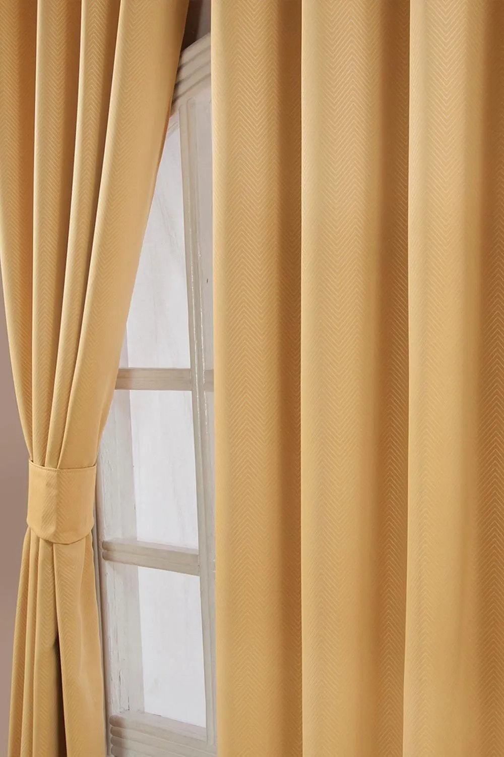 Homescapes Herringbone Blackout Curtains Pair Eyelet Style in Yellow 2
