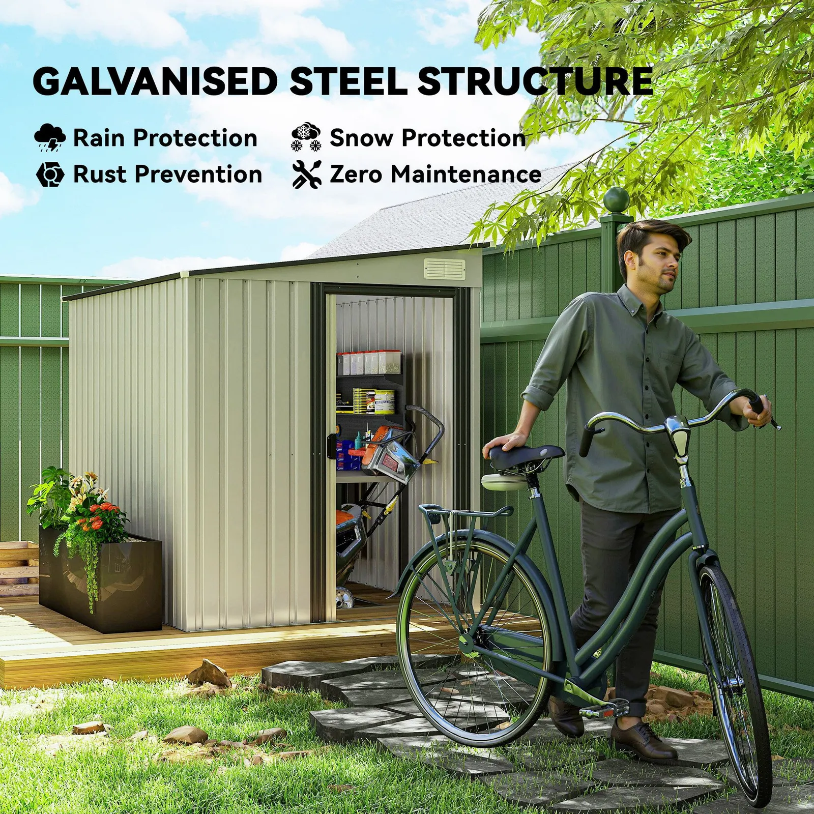 OUTSUNNY 7 x 5FT Garden Shed w/ Foundation Lean to Metal Tool Shed in White 4