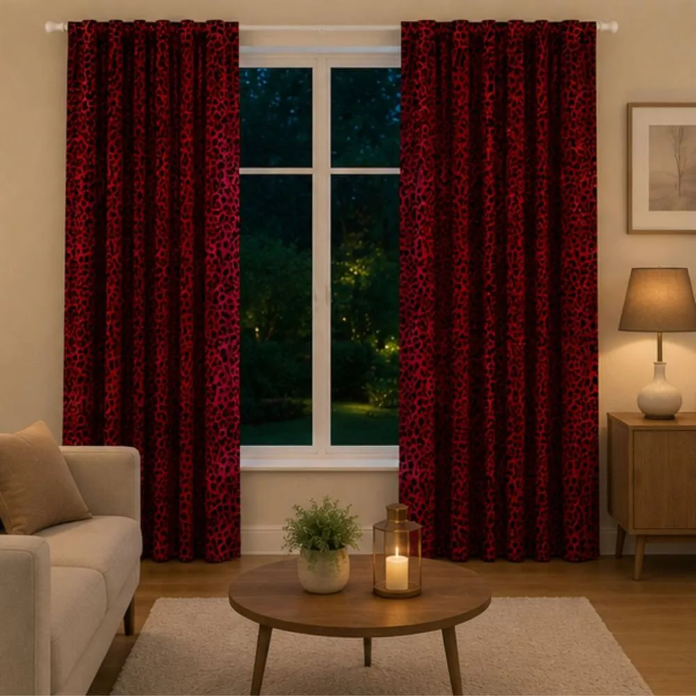 Smart Living Luxury Elegant Polycotton Lepord Print Curtains in Red