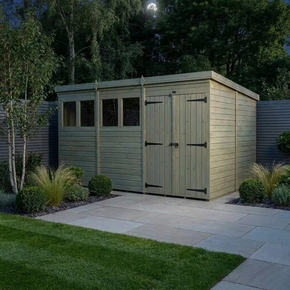 Buttercup Farm 12ft x 9ft Pent Garden Shed Double Door With Windows - Timber in Brown 3